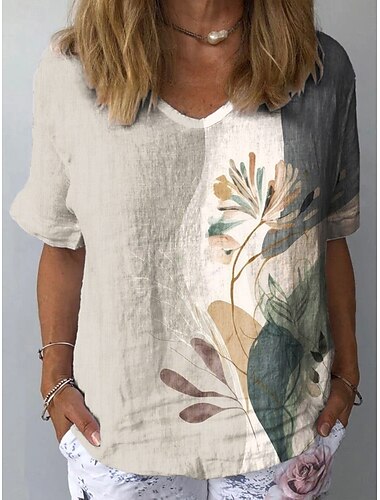  Dames Overhemd Bloemig Grafisch Planten Stijlvol Klassiek Casual Korte mouw Strakke ronde hals Normale tops Dagelijks Strand Kleding Vakantiekleding Afdrukken Lichtgroen Khaki Licht Blauw Zomer Lente