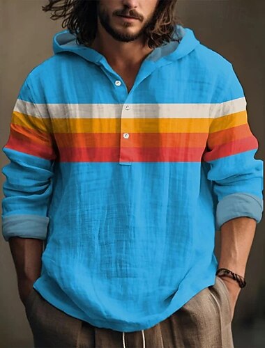  Voor heren Overhemd Popover-shirt Zomer overhemd Normaal shirt Strand hemd Blozend Roze Rood blauw Hemelsblauw Oranje Lange mouw Gestreept Capuchon Vakantie Hawaii Knop Kleding Polyester Modieus