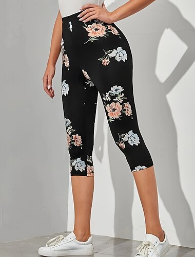  Mujer Pantalones Capri Polainas Ropa de calle Casual Medio corto Cintura Media Floral Estampado Confortable Al Aire Libre Cómodo Exterior Vacaciones Casual Diario Negro Verano Ajuste regular