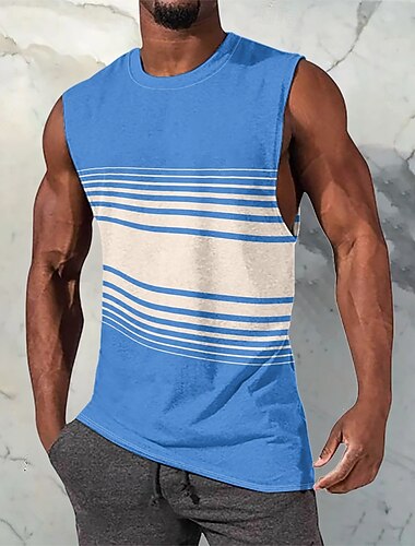  Men's Vest Top Undershirt Sleeveless Shirt Sleeveless Crewneck Spring & Summer Pattern Stripes Fashion Designer Vacation Street Going out Blue Top Tee for Men