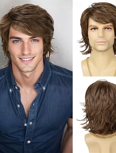  Mens Wig Short Orange Layered Heat Resistant Synthetic Wigs for Male Daily Party Cosplay Costume Halloween Use