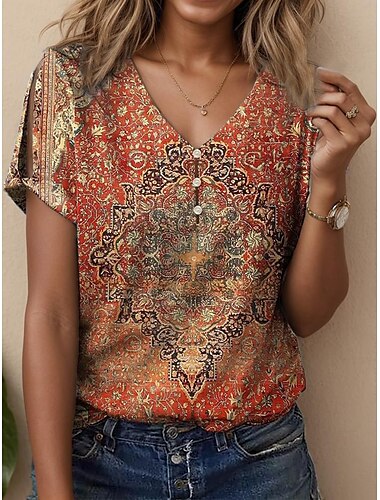  Dames T-shirt Grafisch Paisley Vintage Stijlvol Klassiek Korte mouw V-hals Normale tops Dagelijks Uitgaan Weekend Afdrukken blauw Fuchsia Oranje Zomer Lente