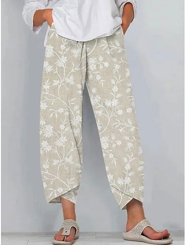  Dam Brett skaft Kinesiska Säckiga byxor Semester Vintage Etnisk Stil Ankellång Hög midja Blommig Grafisk Tryck Håller värmen Andningsfunktion Mjuk Microelastisk Formell Semester Gata Beige Grå Sommar