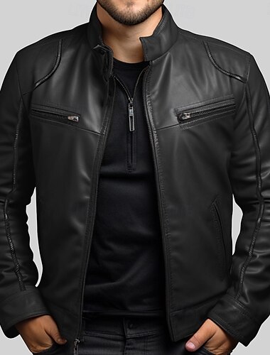  Voor heren Leren jacks Overgangsjack Buiten Windjack Zak Alle seizoenen Effen Streetwear Opstaand Normaal Imitatieleer Zwart Bruin Jacks