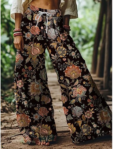  Damen Weites Bein Chinos Baggy-Hosen Urlaub Vintage Mode Volle Länge Hohe Taille Blumen Grafik Paisley-Muster Drucken Atmungsaktiv Weich Mikroelastisch Formell Urlaub Straße Schwarz Rosa Blau Sommer
