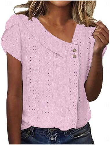  Damen T-Shirt Einfarbig Schlicht Mode Stylisch Modern Kurzarm V-Ausschnitt Regelmäßige Oberteile Alltag Wochenende Knöpfe Latz Weiß Gelb Pink Blau Lila Sommer