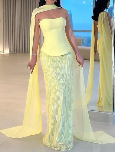  gelbes Kleid Meerjungfrau / Trompete High Fashion Kleid Abendkleid Korsettkleid formelles halbformelles Kleid Hochzeit bodenlang ärmellos trägerlos Chiffonschal mit Paillettenrock 2025