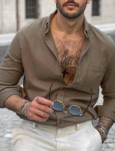  Herren Hemd Sommerhemd Freizeithemd Strandhemd Knopfhemd Braun Grau Langarm Einfach Revers Urlaub Hawaiianisch Tasche Bekleidung Polyester Mode Lässig Bequem