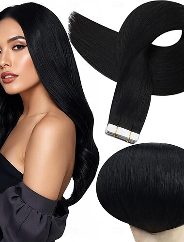  Extensions de cheveux humains Remy à bande adhésive noire, cheveux lisses et sans couture, 18 pouces, 50 g, 20 pièces