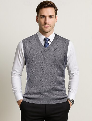  Herr Tröja väst Sticka Jacquard Geometriska mönster V-hals Dagligen Västar Semester Hem Kläder Ärmlös Sommar Vår Svart Kaki S M L