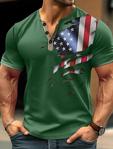  Herren Flagge T Shirt Henley Hemd Kurzarm Designer Retro Vintage Lässig Straße Lässig Täglich Sommer Frühling Schwarz Weiß Grün Henley Henley T-Shirt