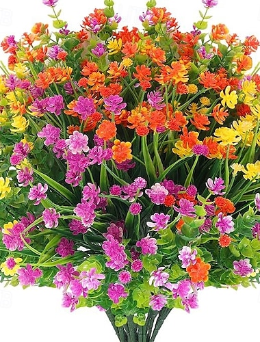  12 paquetes de flores artificiales para exteriores, eucalipto falso, vegetación violeta y margarita, plantas falsas resistentes a los rayos UV para jardín, decoración del hogar, accesorios de