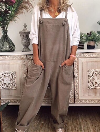  Per donna Normale Pantaloni in lino e cotone Streetwear Tinta unica Senza Maniche Collo a U Tasca Streetwear Quotidiano Vestibilità regolare Nero Blu marino Cachi Estate