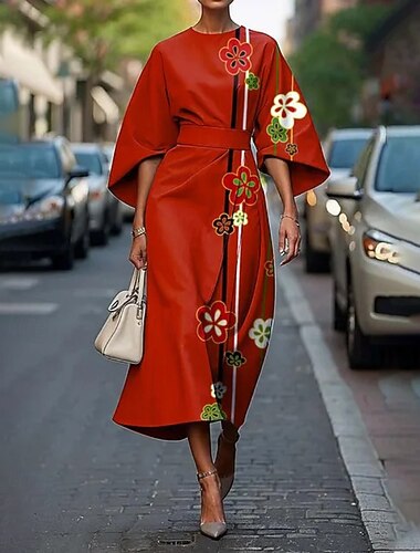  Per donna Abito Midi Abito Floreale Abito Stampato Elegante Moda All'aperto Vacanza Ferie Vestibilità regolare Fiore Mezza Manica Girocollo Giallo Vino Rosso Estate