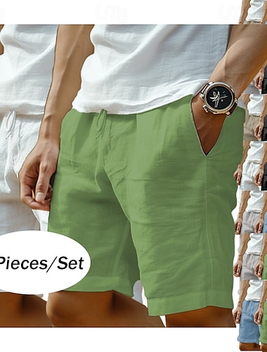  2-pack heren shorts linnen shorts zomer shorts strand shorts zak trekkoord elastische taille effen kleur effen comfortabel ademend knielengte casual dagelijks vakantie mode groen+grijs zwart+grijs