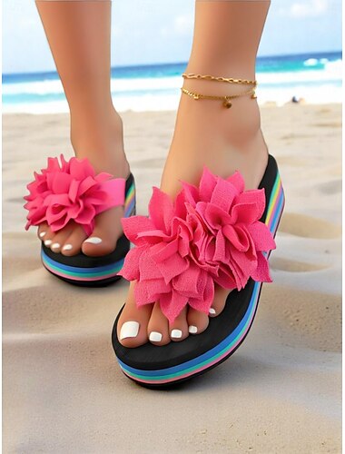  大きなピンクの花が付いた女性用レインボープラットフォームビーチサンダル、休暇、ティーン、若者、夏のカジュアルスタイルに最適なカラフルなビーチサンダル