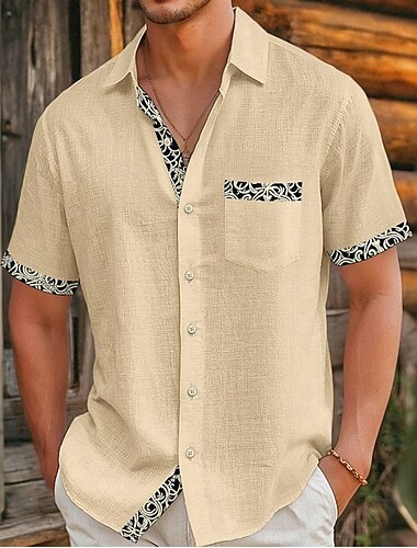  Men's Geometric Retro Flower / Floral Shirt Summer Shirt Button Up Shirt Short Sleeve Fashion Casual Vacation Holiday Streetwear Summer Turndown 3D Print Front One Pocket Linen Like Shirt Khaki