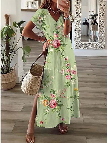  Damen Maxikleid Sommerkleid A Linie Kleid Urlaub Lässig Strand Lässiger Schnitt Blumen Grafik Kurzarm V Ausschnitt Hellgrün Blau Staubiges Blau Purpur Sommer Frühling