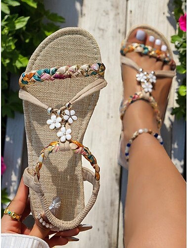  Sandalias planas trenzadas con flores para mujer: zapatos de verano de estilo bohemio con encanto de margaritas para playa, vacaciones y uso informal.
