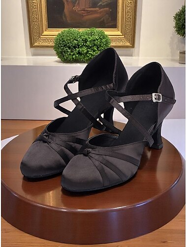  Chaussures de danse de salon croisées en satin noir pour femmes - Talons mi-hauts classiques pour danseuses professionnelles et danseuses sociales