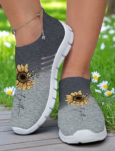  Zapatillas de mujer grises sin cordones con estampado de girasoles: zapatillas ligeras e informales para caminar, para viajes, uso diario y salidas de primavera.