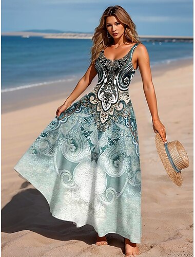  Dames Maxi-jurk A lijn jurk Off-the-shoulder jurk Vakantie Casual Strandstijl Feest Strand Normale pasvorm Grafisch Paisley Bohémien Mouwloos Vierkante hals Ronde hals Grijs-Groen Zomer Lente