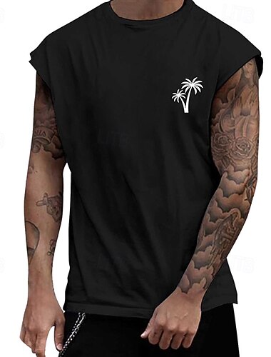  Herre Tanktop Vest Top Underskorte Ærmeløs skjorte Uden ærmer Rund hals Sommer Kokos palme Mode Designer Basale Trykt mønster Ferierejse Gade I-byen-tøj Sort Hvid Lyseblå Top T-shirt til mænd