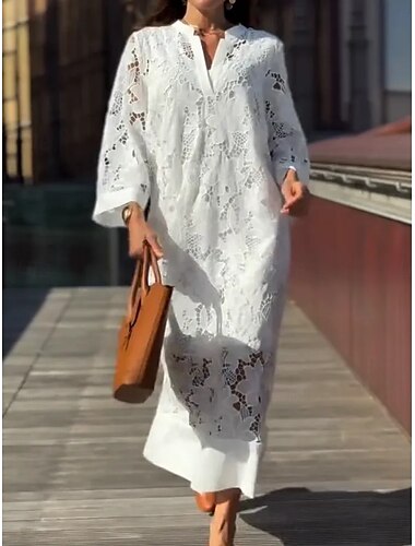  Damen Maxikleid Shiftkleid Sommerkleid Lässig Täglich Normale Passform Einfach Dreiviertelarm Einkerbiger Ausschnitt Weiß Sommer