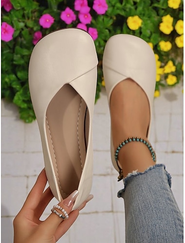  Ballerines beiges à bout large et semelle souple pour femme – chaussures confortables pieds nus pour la marche quotidienne