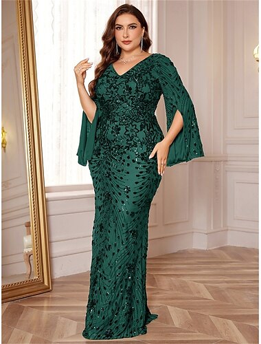  Meerjungfrau  Trompete Plus Size Kleider Elegantes Kurvenkleid Formelles Hochzeitskleid Bodenlang Langarm V-Ausschnitt Pailletten mit Pailletten 2025