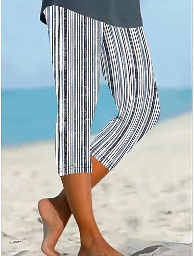  Femmes Pantalon capri Leggings Vacances ancien Mode Longueur mollet Taille haute Graphique À pois Rayé Impression Respirant Doux Élastique Extérieur Vacances Rue Noir et blanc Gris Blanche Bleu Ét