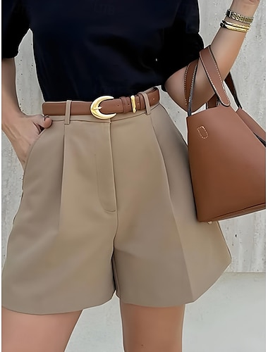  Pantalones cortos de mujer chinos vacaciones moda vintage cortos de cintura alta liso con bolsillo cómodos suaves confortables microelásticos al aire libre calle diario camel negro azul real café