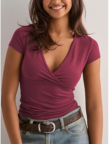  Damen T-Shirt einfarbig Grafik modisch stylisch basic Kurzarm V-Ausschnitt reguläre Tops täglich Wochenende Schwarz Weiß Wein Beige Sommer