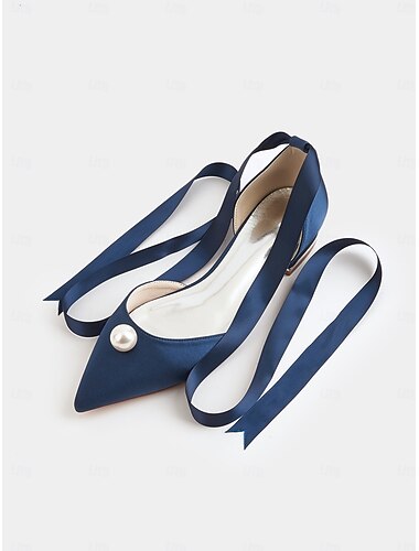  Chaussures plates à bout pointu en satin bleu marine pour femmes - Chaussures habillées à ruban orné de perles pour des soirées élégantes, des mariages et des occasions spéciales