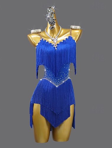  Vestido de baile latino con borlas de diamantes de imitación para mujer, sin mangas, para fiesta de actuación, rumba, salsa, chacha, ropa de baile de escenario, disfraz