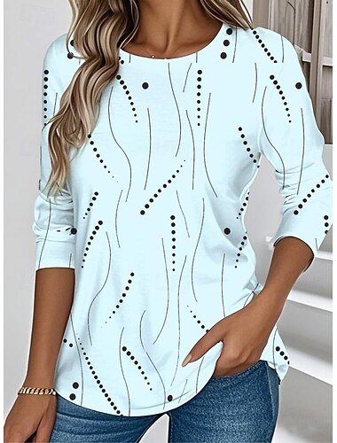  Damen T Shirt Grafik Geometrisch Elegant Vintage Stilvoll Langarm Rundhalsausschnitt Normale Oberteile Täglich Druck Gelb Rosa Blau Sommer Frühling