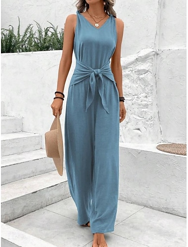  Dam Jumpsuits Aktiv Blommig Ärmlös Brett skaft V-hals Semester Gata Normal Svart Rodnande Rosa Blå Sommar