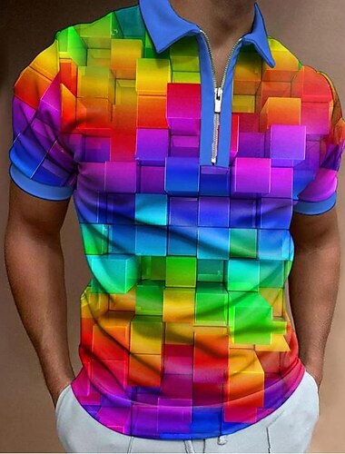  Per uomo Arcobaleno Graticolato Polo con zip Manica Corta Collo ripiegato Casual Quotidiano Moderno All'aperto Sport & Outdoor Abbigliamento Quotidiano Cerniera Estate Arcobaleno