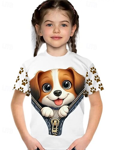  女の子 3D 犬 Tシャツ Ｔシャツ 半袖 夏 春 ファッション ベーシック 子供 4〜12年 クルーネック アウトドア カジュアル 日常 レギュラー