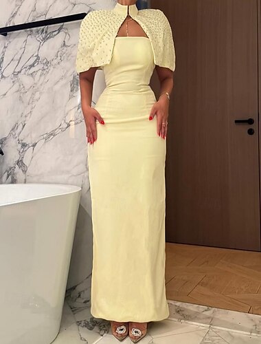  Keltainen viittamekko kristalli mermaid  trumpetti iltapuku irrotettava viitta elegantti mekko muodolliset puolimuodolliset häät lattiapituinen hihaton mock neck joustava crepe