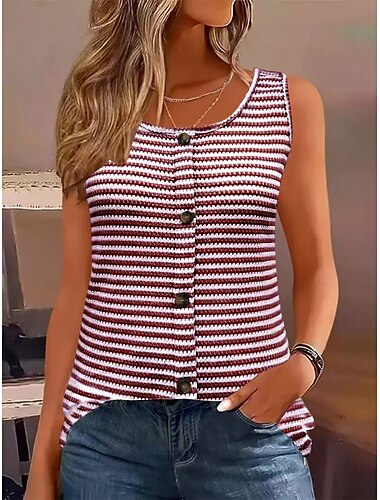  Damen Camisole-Tanktop Gestreift Tropisch Täglich Stilvoll Ärmellos U-Ausschnitt Normale Oberteile Täglich Knöpfe Druck Schwarz Wein Armeegrün Blau Grün Sommer