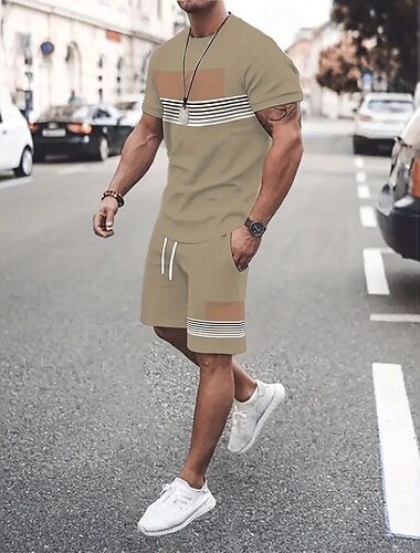  Herren Streifen 2St T-Shirts-Sets Sommeroberteile Kurzarm Kurze Hosen Rundhalsausschnitt Athleisure Sport Lässig Täglich 3D-Druck Sommer Rubinrot Braun