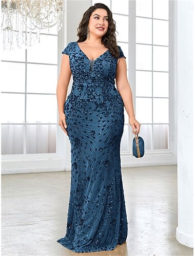  Meerjungfrau  Trompete Plus Size Kleider Elegantes Curve Kleid Formelle Hochzeit Bodenlänge Kurzarm V-Ausschnitt Spitze Rückenfrei mit Pailletten 2025