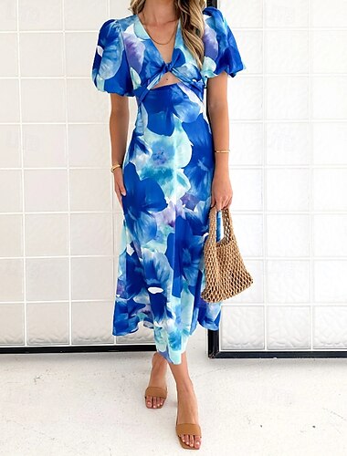  Damskie Sukienka midi Sukienka w kwiatki Sukienka Boho Sukienka z nadrukiem Moda Nowoczesny Urlop Święto Wyjściowe Regularny Kwiat Krótki rękaw W serek Niebieski Zielony Lato