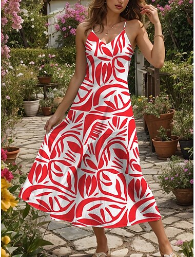  Women's Maxi Dress A Line Dress Summer Dress Slip Dress Elegant Vacation Casual Regular Fit Floral Graphic Geometric Sleeveless V Neck Spaghetti Strap Red Blue Purple Orange Summer Spring