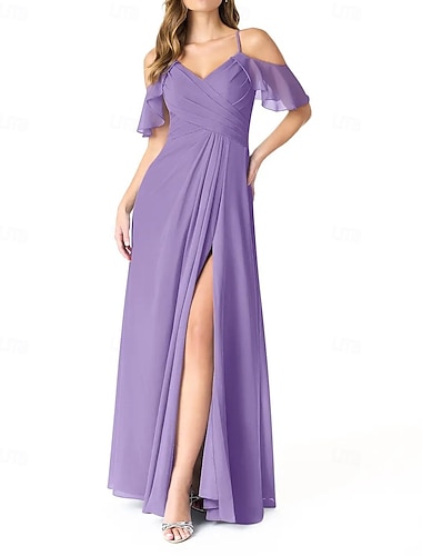  A-Linie Brautjungfernkleid Spaghettiträger ärmellos elegant bodenlang Chiffon mit Falten / Schlitz vorne / Rüschen 2025