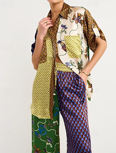  Damen Mode Streetwear Hosen-Sets Kurzarm Hemdkragen Blumen Druck Alltagskleidung Date Braun Sommer Normale Passform