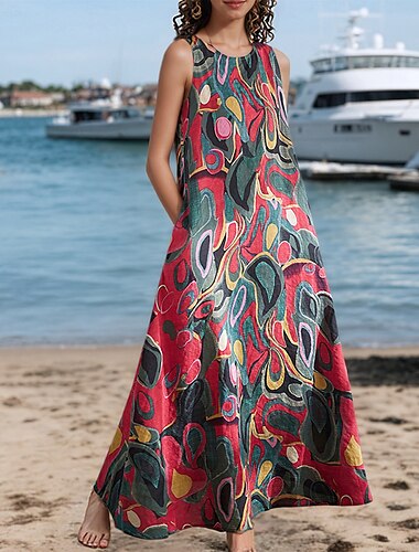  Damen Maxikleid A Linie Kleid Sommerkleid Boho Täglich Ferien Normale Passform Grafik Farbblock Ärmellos Rundhalsausschnitt Rosa Rote Grün Sommer