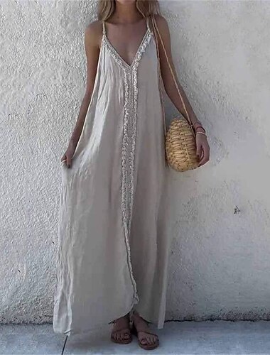  Femmes Robe Longue Maxi Robe Robes inspirées du lin Robes en coton et lin Robe Nuisette Robe bohème ancien Mode Extérieur Soirée Fête Coupe régulière Uni Sans manches Col en V Marron Vert Gris Clair
