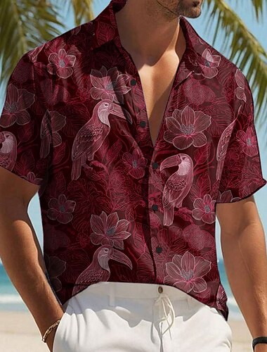  Herren Blumendruck Tropische Blumen Papagei Hemd Sommer Hawaiihemd Knopfhemd Kurzarm Hawaiianisch Resort Urlaub Ferien Strandbekleidung Sommer Frühling Umlegekragen 3D-Druck Hemden mit Kragen